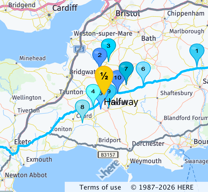 Route map from London to Cornwall via the A303