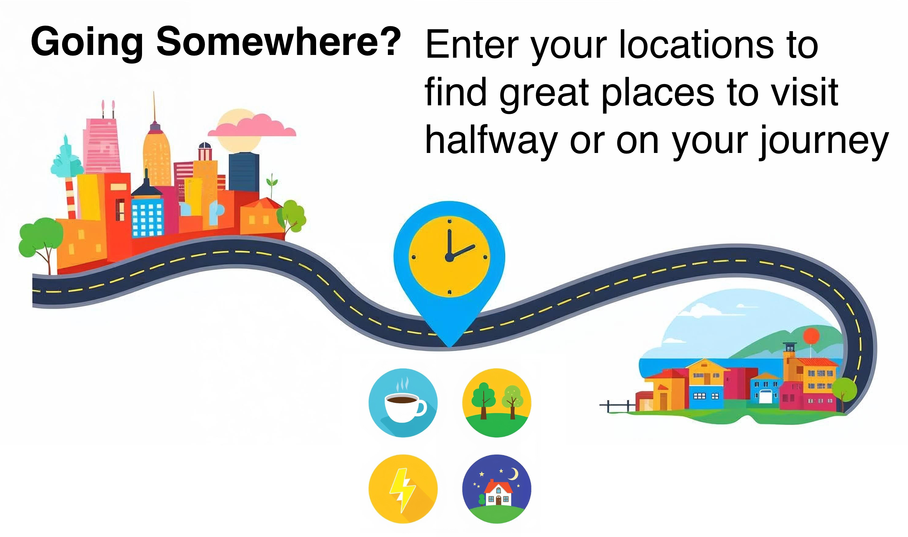 Enter locations to find great places halfway or on your journey